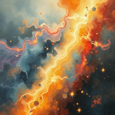 The primary subject of the image is a painting featuring a colorful, swirling design with a mix of red, orange, and blue hues. The setting is a space-themed background, which adds to the overall atmosphere of the painting. The visual style is a combination of digital art and illustration, creating a vibrant and dynamic piece of art. The colors and mood of the painting are lively and energetic, capturing the viewer's attention and evoking a sense of movement and excitement.
